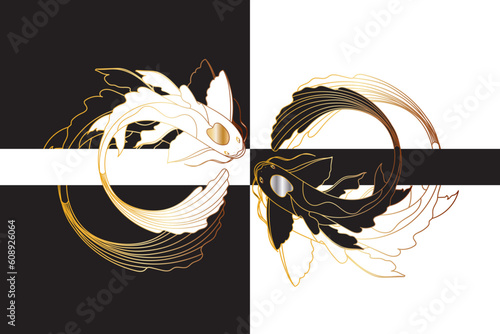 Illustration of Black and white koi fish with gold line on black and white background.