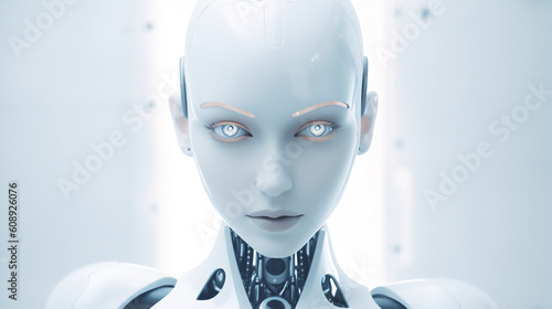 Android Robot Face, Artificial Intelligence Futuristic Wallpaper or Background. Ai Crafted!