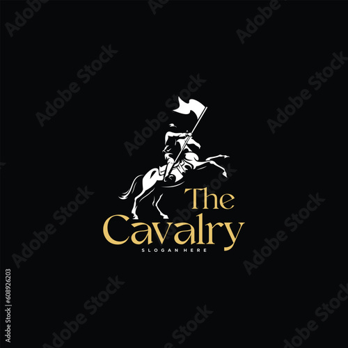cavalry logo, with man, flag and horse vector design inspiration