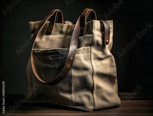 a beige tote bag hanging on a grey background