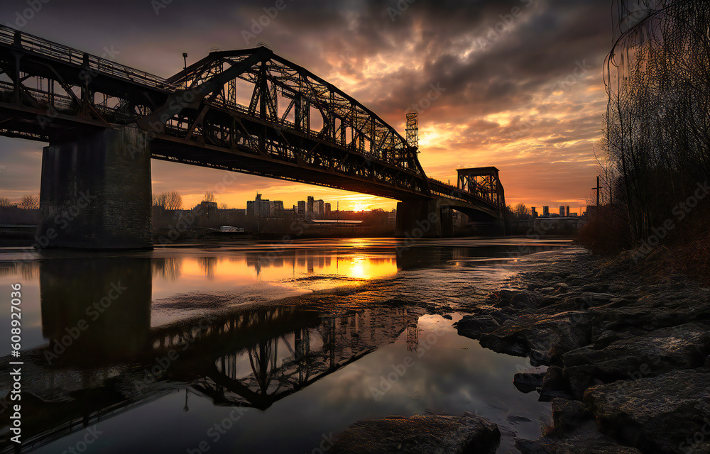 a bridge is crossing the river at sunset