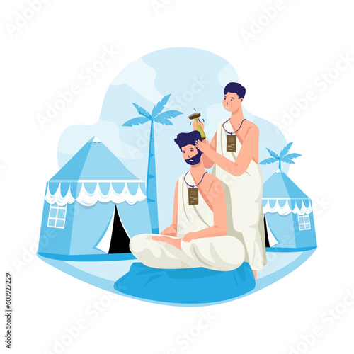 Islamic pilgrimage with muslim doing Tahallul means shaving head or cutting hair during hajj