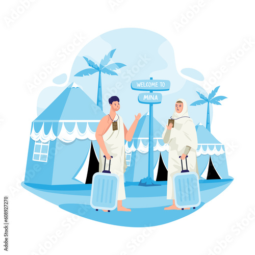 Islamic pilgrimage with illustration of muslim hajj arriving in mina