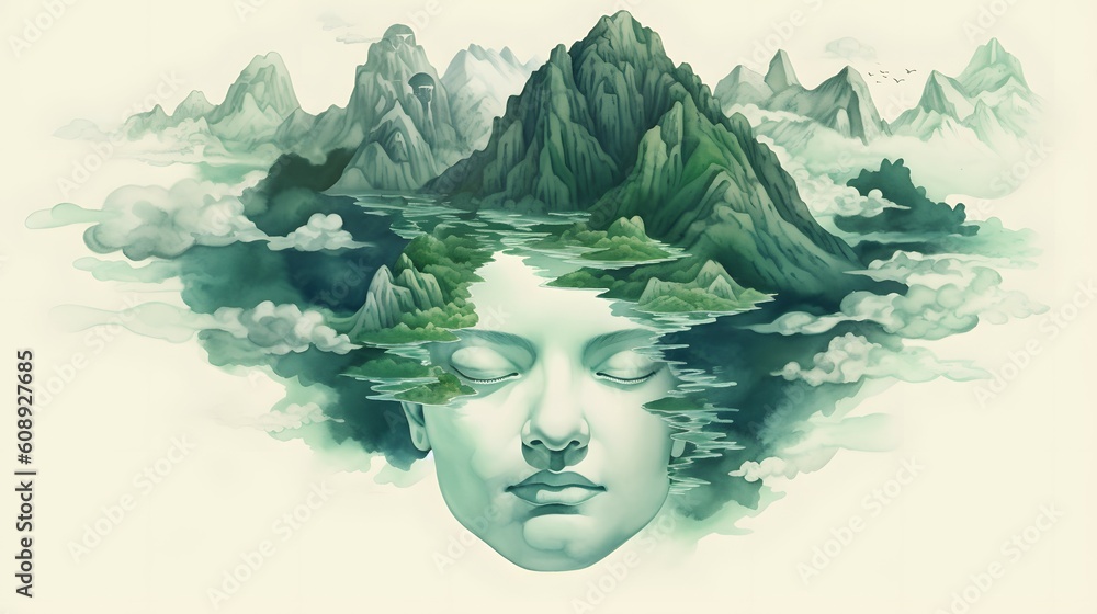 Human head shaped mountain. Mindfulness, meditation and yoga concept. Generative AI