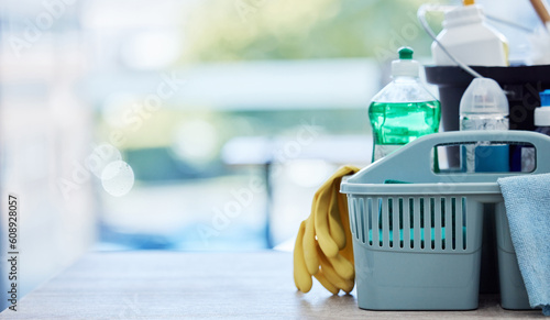 Canvastavla Basket, table and product for cleaning with space, cloth and chemical for mockup by blurred background in home