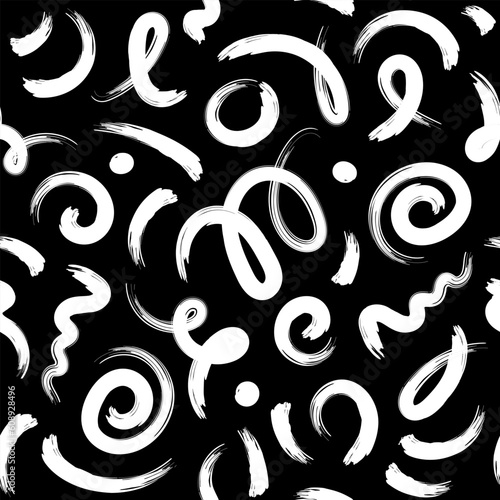 Seamless black and white pattern of squiggles, brush strokes