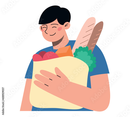 Happy man with a bag of groceries in his hands. Flat vector minimalist illustration of different people