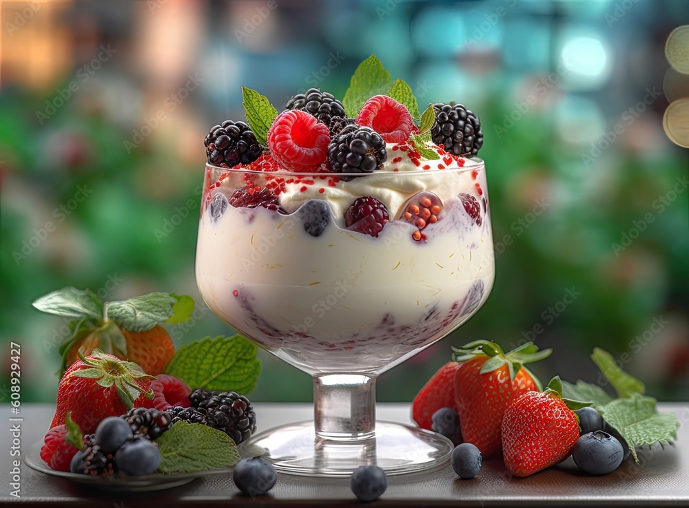 Granola with yogurt and berries for healthy breakfast. Bowl of greek yogurt with granola, almonds, blueberries and strawberries, top view, copy space. created with Generative AI technology Granola with yogurt and berries for healthy breakfast. Bowl of greek yogurt with granola, almonds, blueberries and strawberries, top view, copy space. created with Generative AI technology