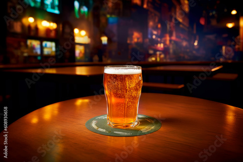 Glass of beer on wooden table in an empty pub. AI generated.