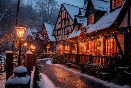 Winter small cozy street with lights in houses and Christmas decorations.AI generated.
