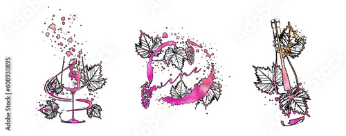 Collection of wine glasses and bottles - Wine Designs - Hand drawn elements for invitation cards, advertising banners and menus. Wine glasses with splashing wine. Sketch vector illustration.