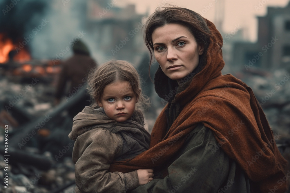 Portrait of mother with child sit in front of a destroyed city after the war. Survivors family pose against the backdrop of a bombed smoking city. Human suffering and war. AI generated Portrait of mother with child sit in front of a destroyed city after the war. Survivors family pose against the backdrop of a bombed smoking city. Human suffering and war. AI generated