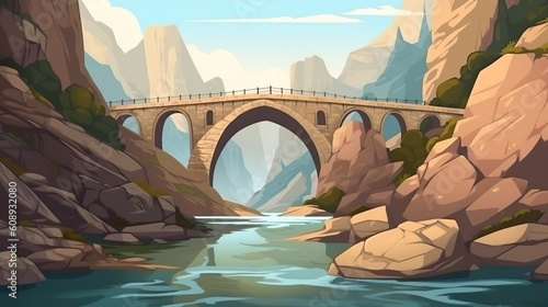 Background gorge. Captivating banner design highlighting an abstract background and a carefully crafted illustration, portraying the beauty of a gorge and a bridge. Generative AI.