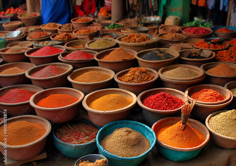 Fototapeta premium food is stored in large bowls at a food stall