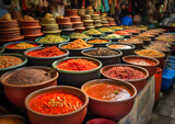 food is stored in large bowls at a food stall
