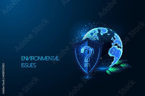 Environmental issues, green solutions futuristic concept with planet Earth and protection shield 