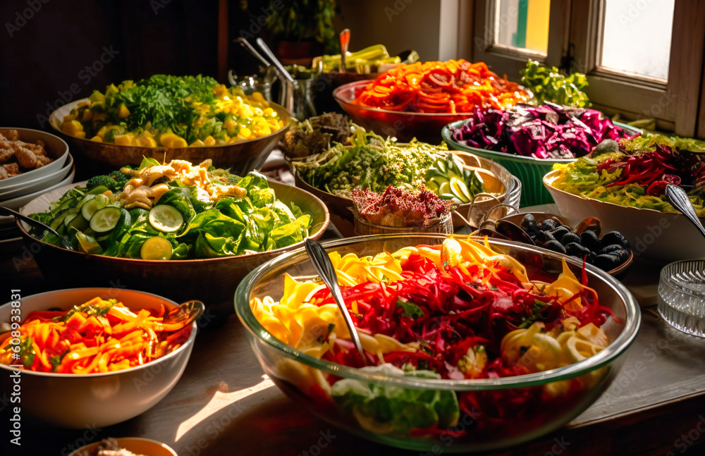a buffet of salads and vegetables with salad bowls