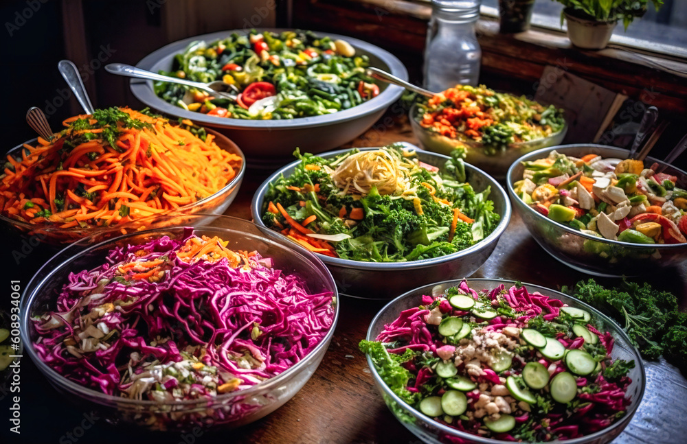 a buffet of salads and vegetables with salad bowls