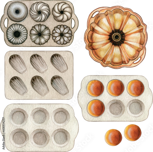 Watercolor hand drawn bakery molds