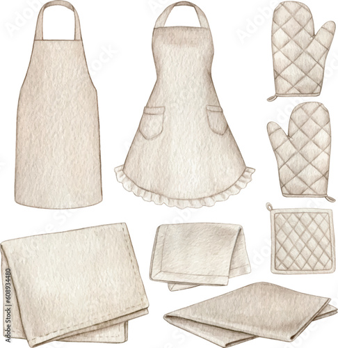 Watercolor hand drawn kitchen textiles