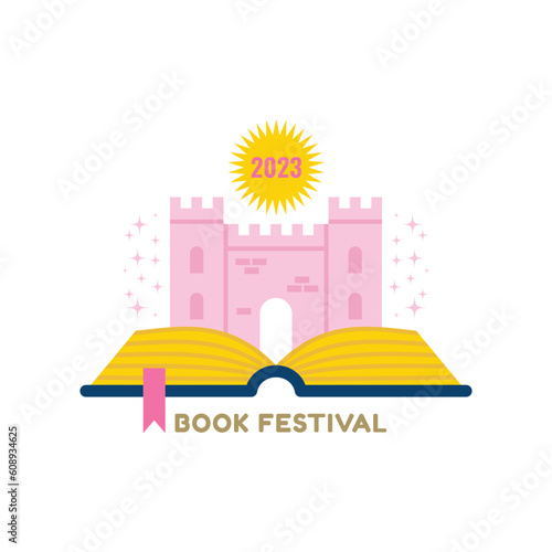 Book festival logo with an open book and castle. Vector Illustration.