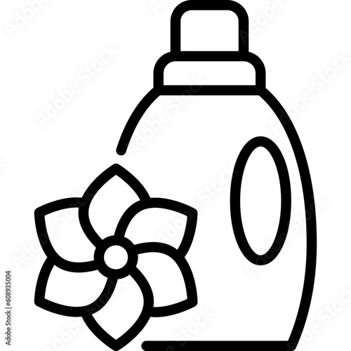 Bottle of fabric softener, cleaner, detergent thin line icon. Plastic bottle with flower. Modern vector illustration.