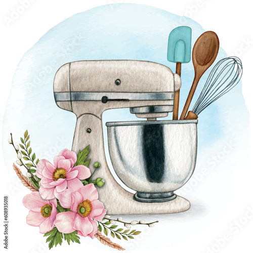 Watercolor hand drawn stand mixer with floral decoration and coo