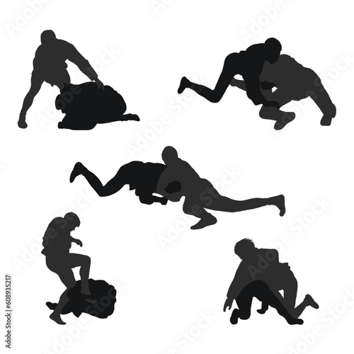 Set of real silhouettes of sambo athletes in sambo wrestling, combat sambo, duel, fight, jiu jitsu. Martial art, sportsmanship