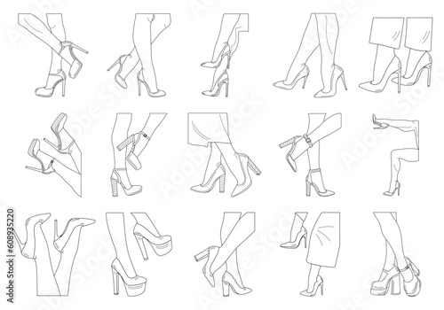 Drawing sketch outline silhouettes of female legs. Shoes stilettos, high heels. Walking, standing, running, jumping, dance