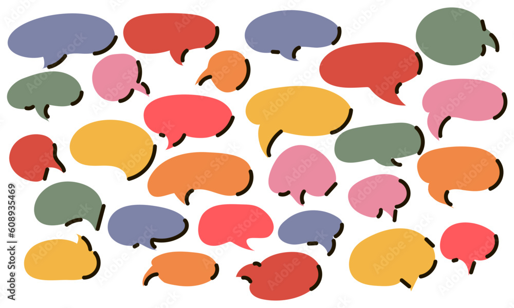 A set of speech bubbles of different colors and shapes with a black glare. A set of balloons for inscriptions. A set of flat lamps in the style of dialogue, conversation, used in cartoons and comics A set of speech bubbles of different colors and shapes with a black glare. A set of balloons for inscriptions. A set of flat lamps in the style of dialogue, conversation, used in cartoons and comics