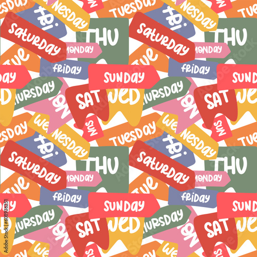A pattern of flags with labels of days of the week for the calendar. Abstract background with square flags with full and abbreviated lettering. Seamless calendar background. Print on textiles
