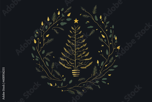 Christmas tree and snowflakes on a black background.