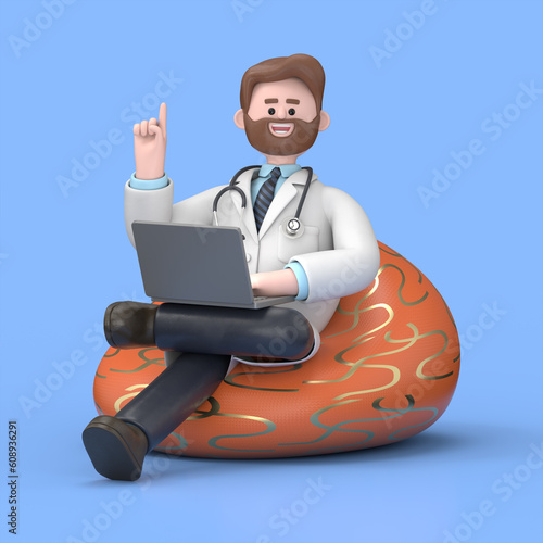 3D illustration of Male Doctor Iverson with laptop at purple bean bag armchair. Medical presentation clip art isolated on blue background
 photo