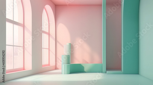 Abstract pastel color studio background for product presentation. Empty room with shadows of window. Display product with blurred backdrop