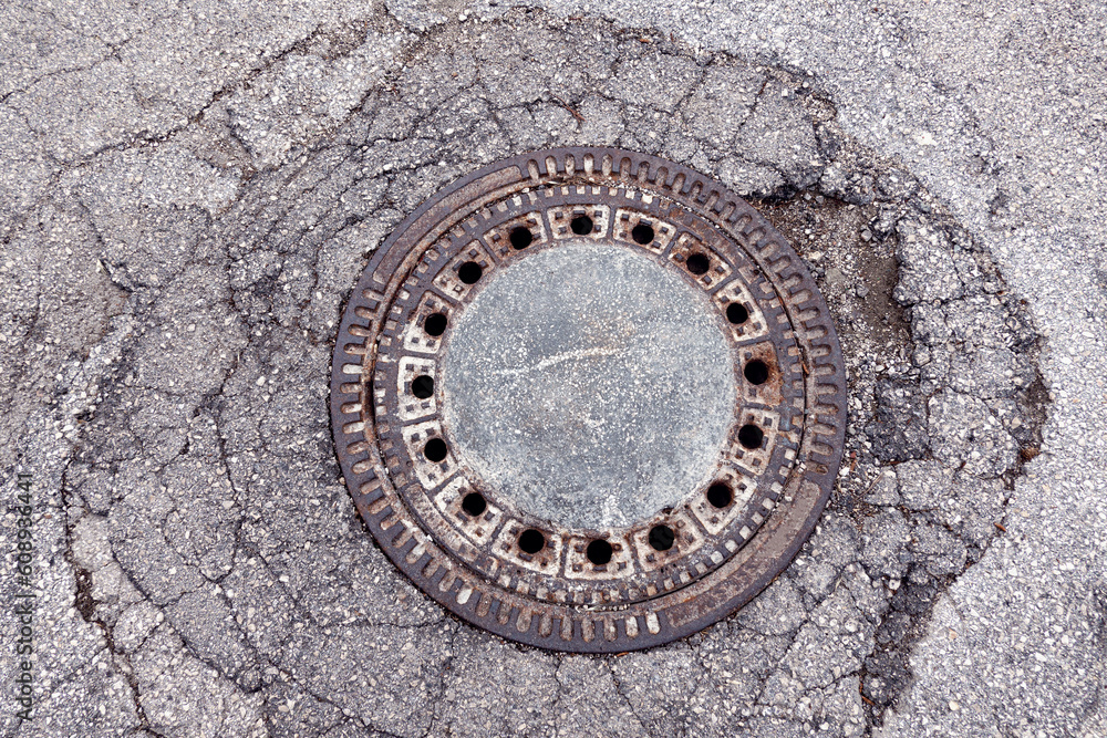 Cast iron old manhole cover in cracked asphalt, top view