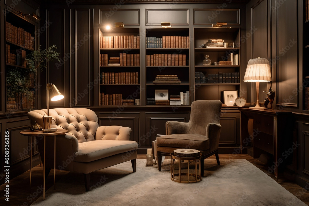  An elegant home library with shelves lined with books, a comfortable reading chair, and soft ambient lighting, highlighting a tranquil space for intellectual pursuit.