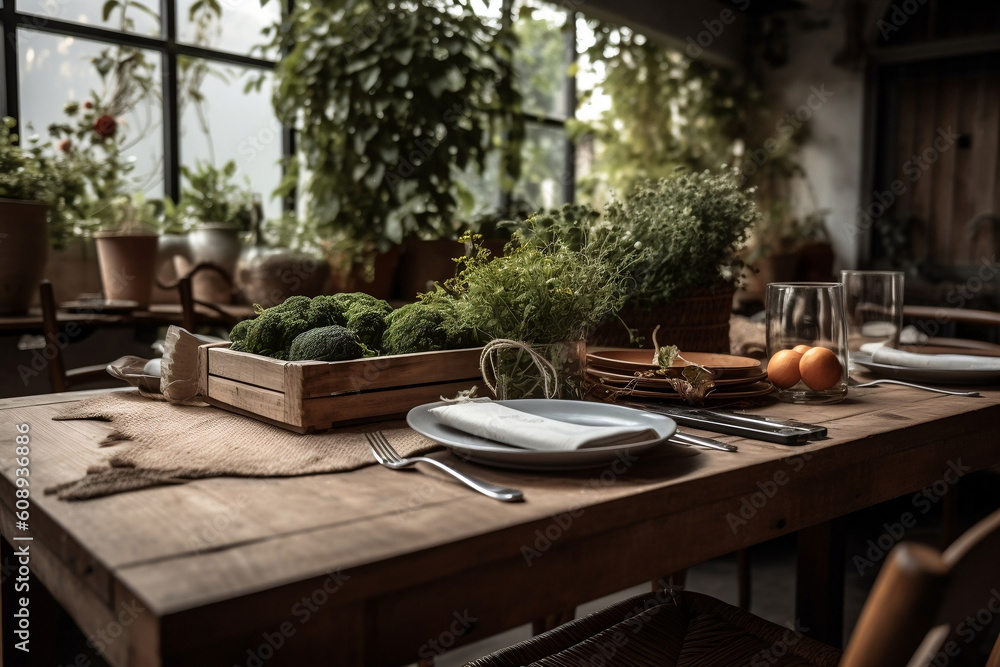 A beautifully set table in a farm-to-table restaurant with an array of fresh produce, illustrating the concept of sustainable and organic dining.
