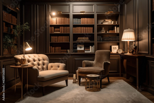  An elegant home library with shelves lined with books, a comfortable reading chair, and soft ambient lighting, highlighting a tranquil space for intellectual pursuit. © Davivd