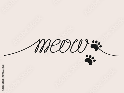 Hand written Meow lettering with cat paws. Phrase with kitten paws for prints, stickers, cards, posters. Black elements isolated on white background.