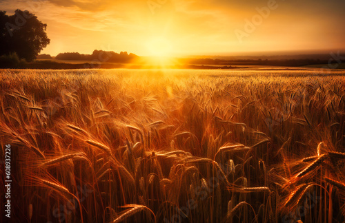a wheat field with the sun in the background