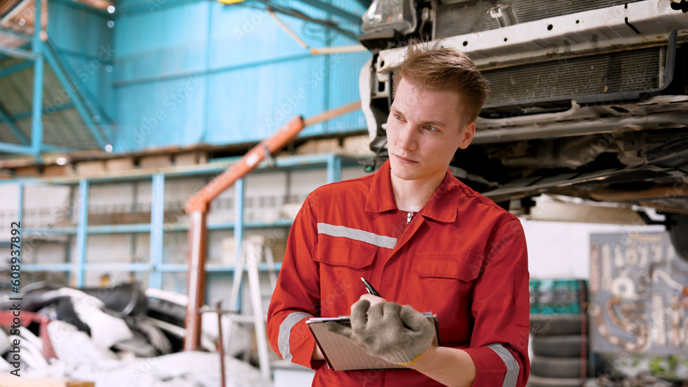 Portrait of Caucasian automotive mechanic man holding wrench. assistant  worker repairing car checking auto damage in auto garage, transport  business and after service concept 6948114 Stock Photo at Vecteezy