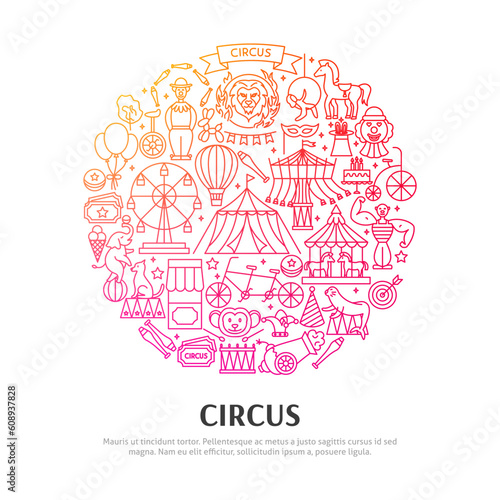 Circus Circle Concept. Vector Illustration of Outline Design.