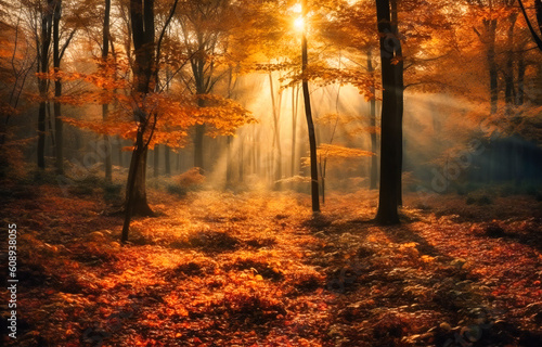 a forest through a forest with sunlight shining through leaves