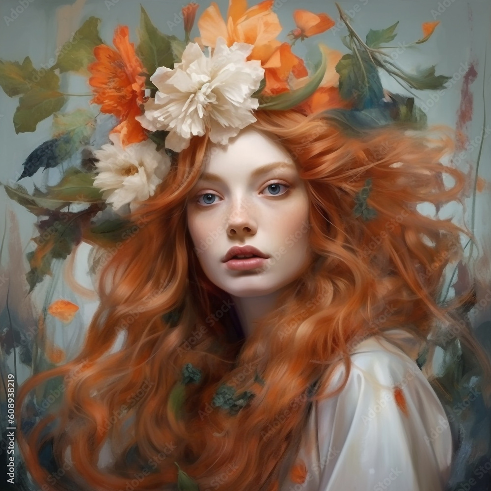 Beautiful girl with long red hair and flowers. Digital painting. Pretty young woman with flowers and beautiful red hair. digital art. Beautiful red-haired girl in flowers. Art digital portrait
