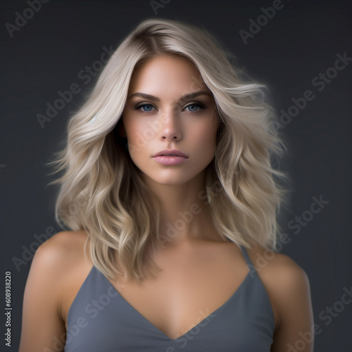 Blonde girl with professional make-up. A pretty white woman with long curly hair. Blonde female with natural eye make-up. Portrait of a beautiful blonde woman with long curly hair.