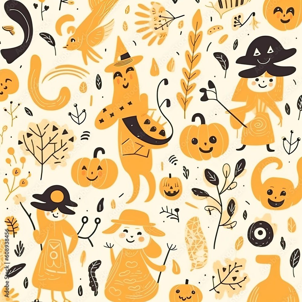 Sketch Halloween seamless pattern with brown and orange colors. Generative AI Sketch Halloween seamless pattern with brown and orange colors. Generative AI