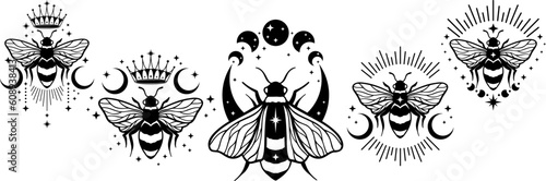 Set of queen bee logo with stars and moon. Collection of magic bumblebee with crown. Bee kind. Logo Design with bee. Vector illustration of bee