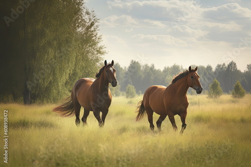horses running on green meadow with nice landscape