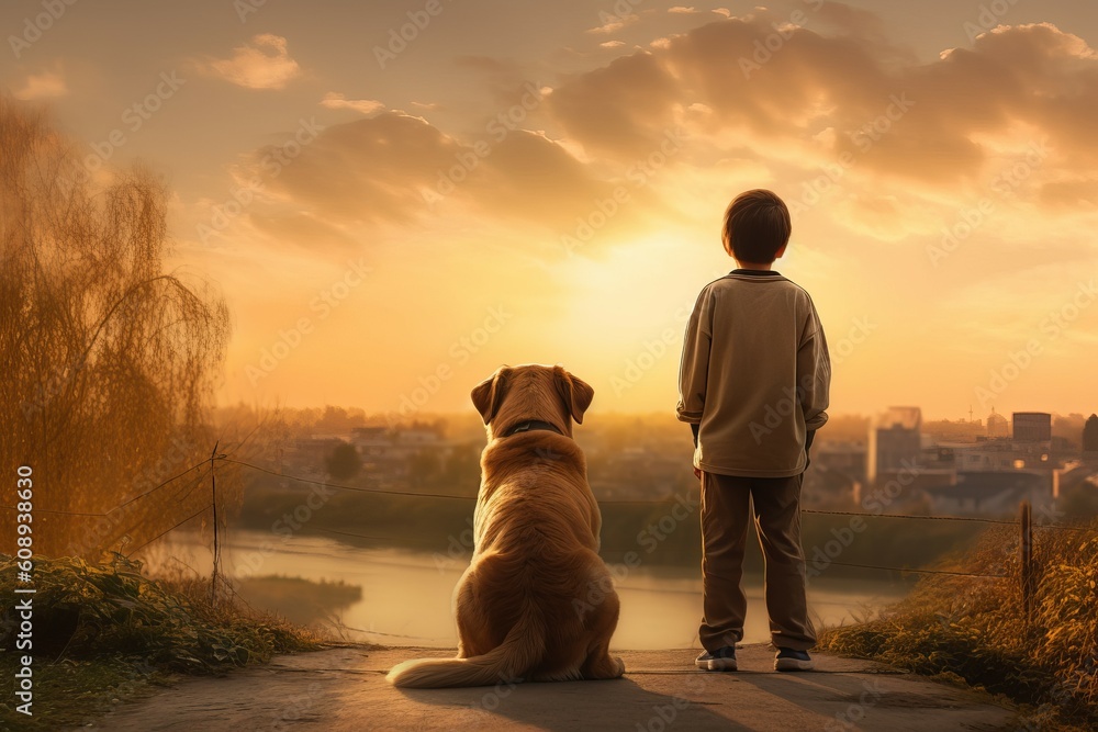 Child boy friendly dog sunset. Generate Ai