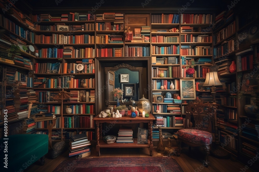 Captivating bookshelf filled with numerous colorful books. The bookshelf is tall and stretches from the floor to the ceiling, showcasingdifferent shapes and sizes of books, Generative AI Captivating bookshelf filled with numerous colorful books. The bookshelf is tall and stretches from the floor to the ceiling, showcasingdifferent shapes and sizes of books, Generative AI